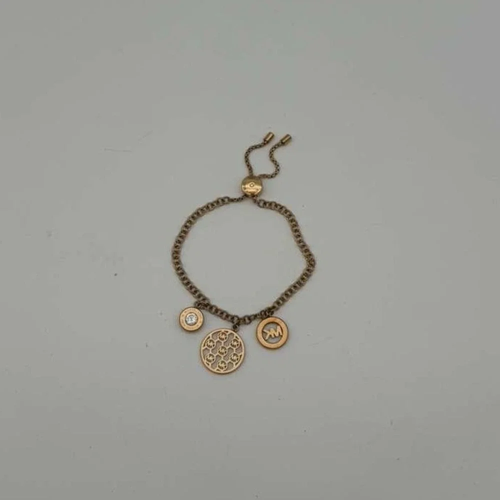 Michael Kors‎ Adjustable Gold Tone Charm Bracelet MK Logo Disc